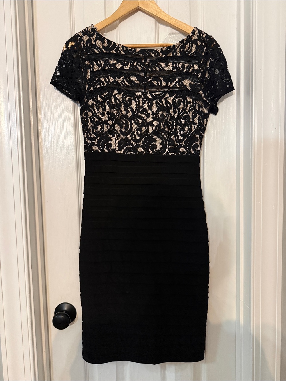 Adrianna Papell Black and Nude Lace Overlay Sheath Midi Dress
